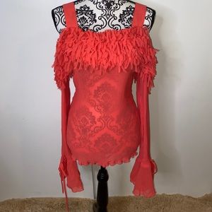 Off-Shoulder Coral Fringe Long-Sleeve Blouse